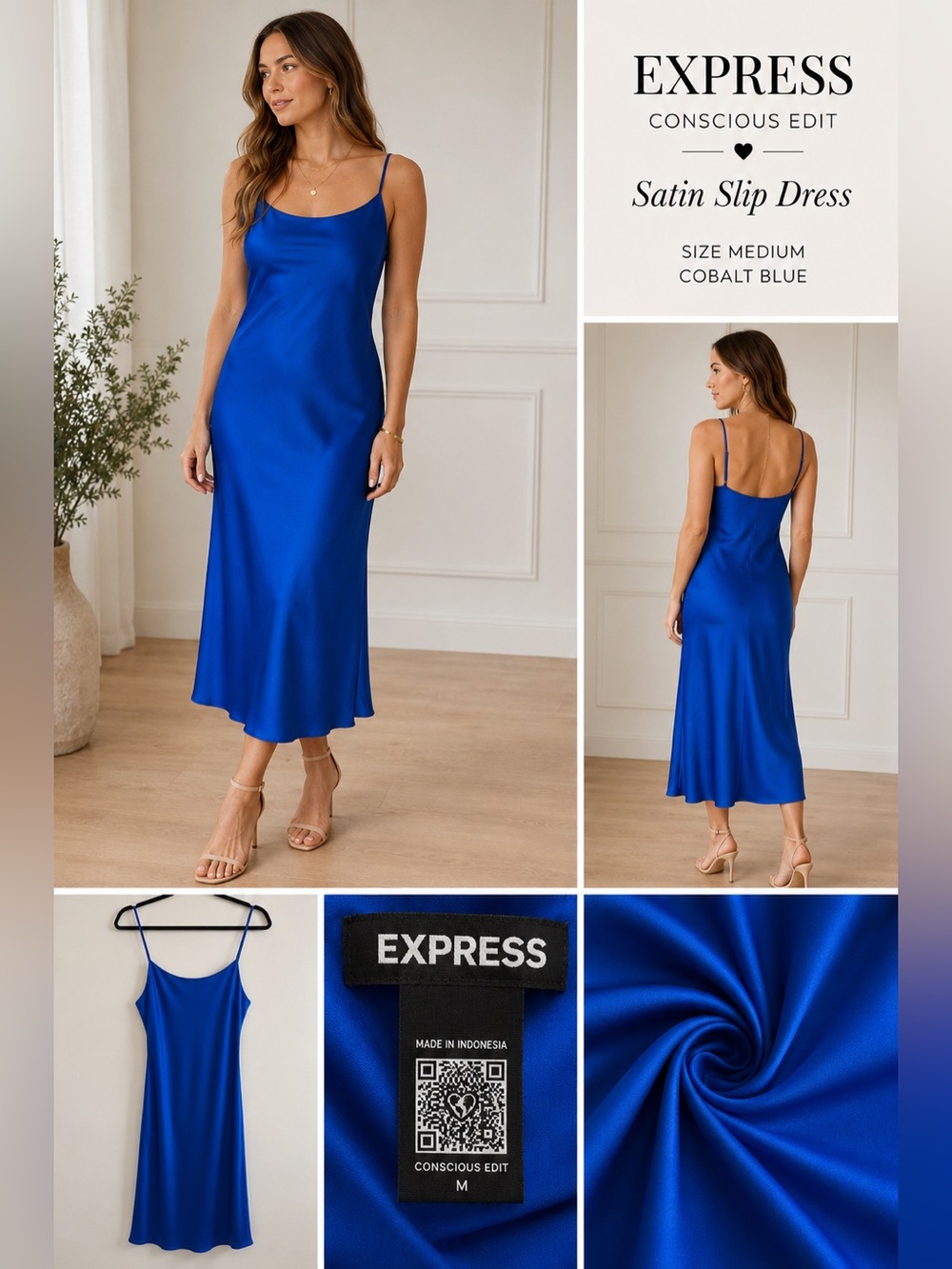 EXPRESS Conscious Edit Cobalt Blue Satin Midi Slip Dress – Size Medium